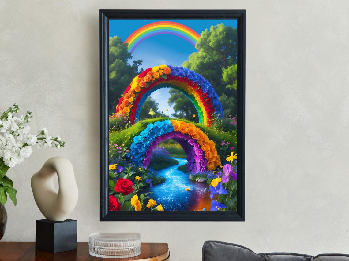 Rainbow Rose Arches Sparkling Stream Fantasy Garden Art Print