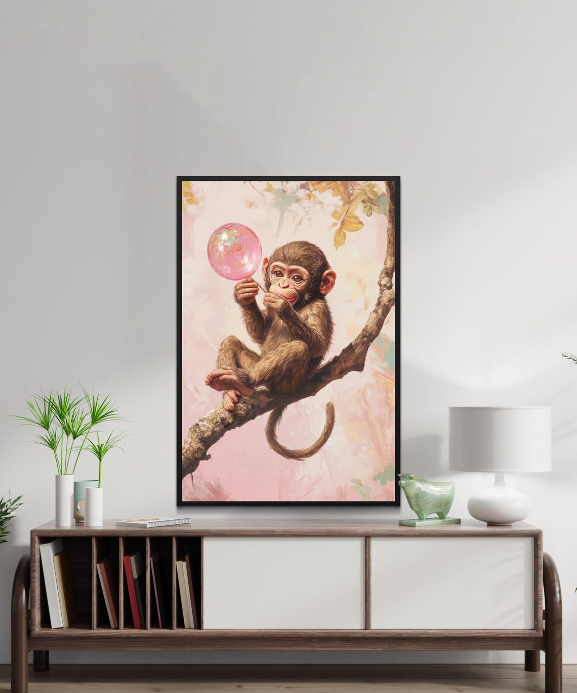 Baby Monkey on Branch Blowing Pink Bubblegum Bubble Art Poster - Image 5