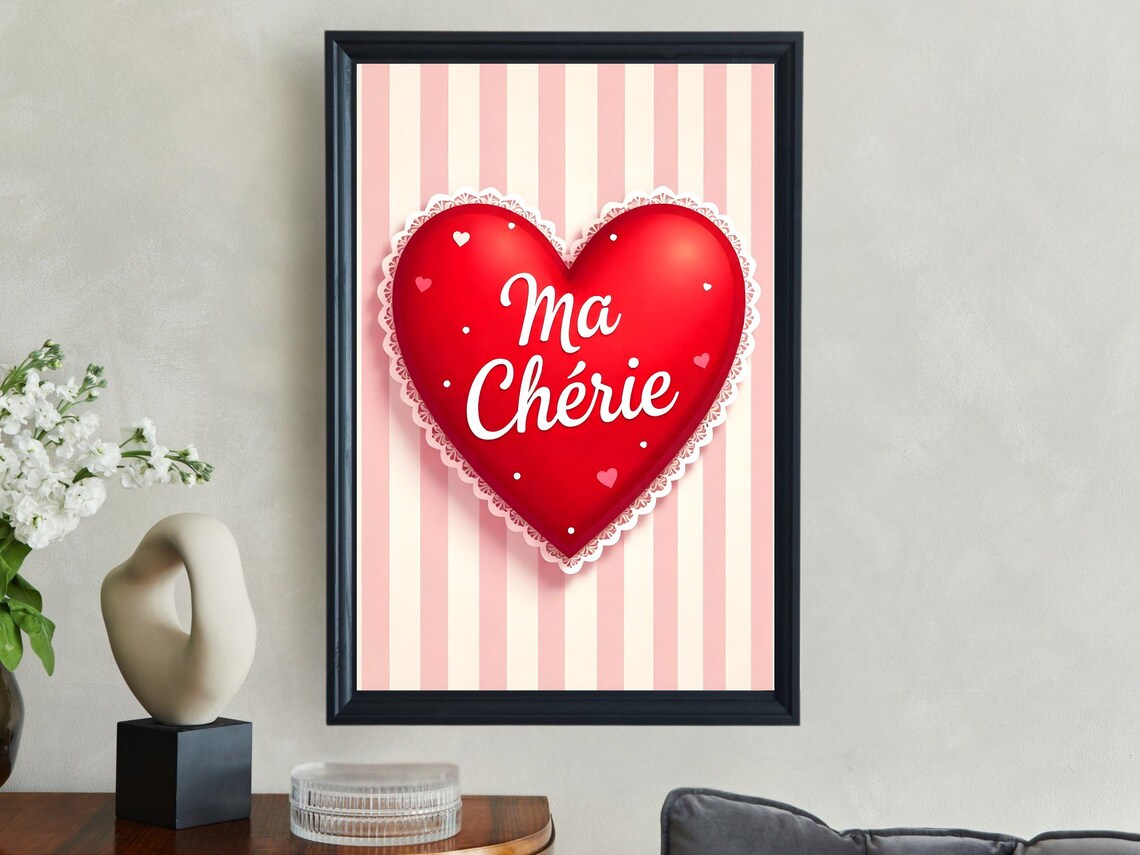 Ma Cherie Red Heart on Pink Stripes Romantic Love Valentine Poster