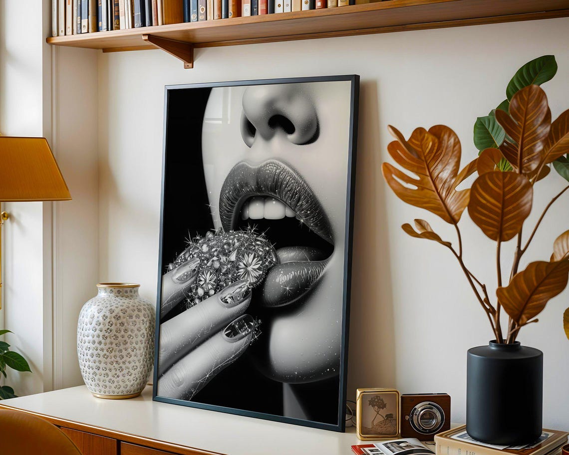 Sparkling Lips With Diamond Jewel Black White Glamour Poster - Image 2