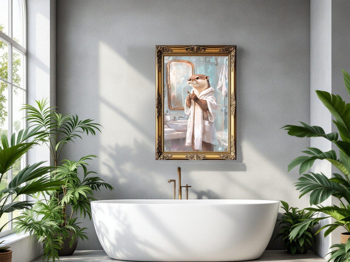 Otter in a Bathrobe Brushing Teeth at a Bathroom Mirror Poster - Image 3