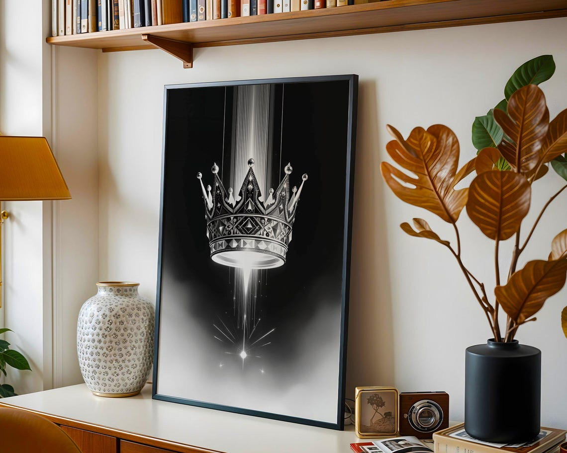 Regal Floating Crown Radiant Light Beam Black White Royal Poster - Image 2