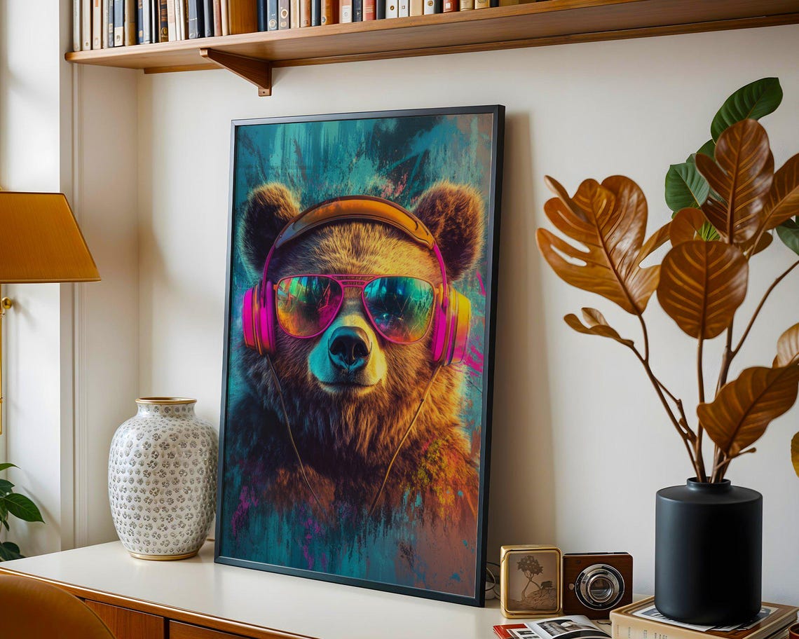 Cool Bear With Headphones and Rainbow Sunglasses Fun Art Poster - Image 2
