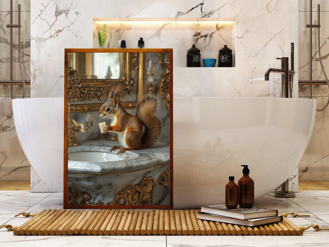 Tiny Red Squirrel Holding Soap on an Ornate Golden Marble Sink Poster - Image 5