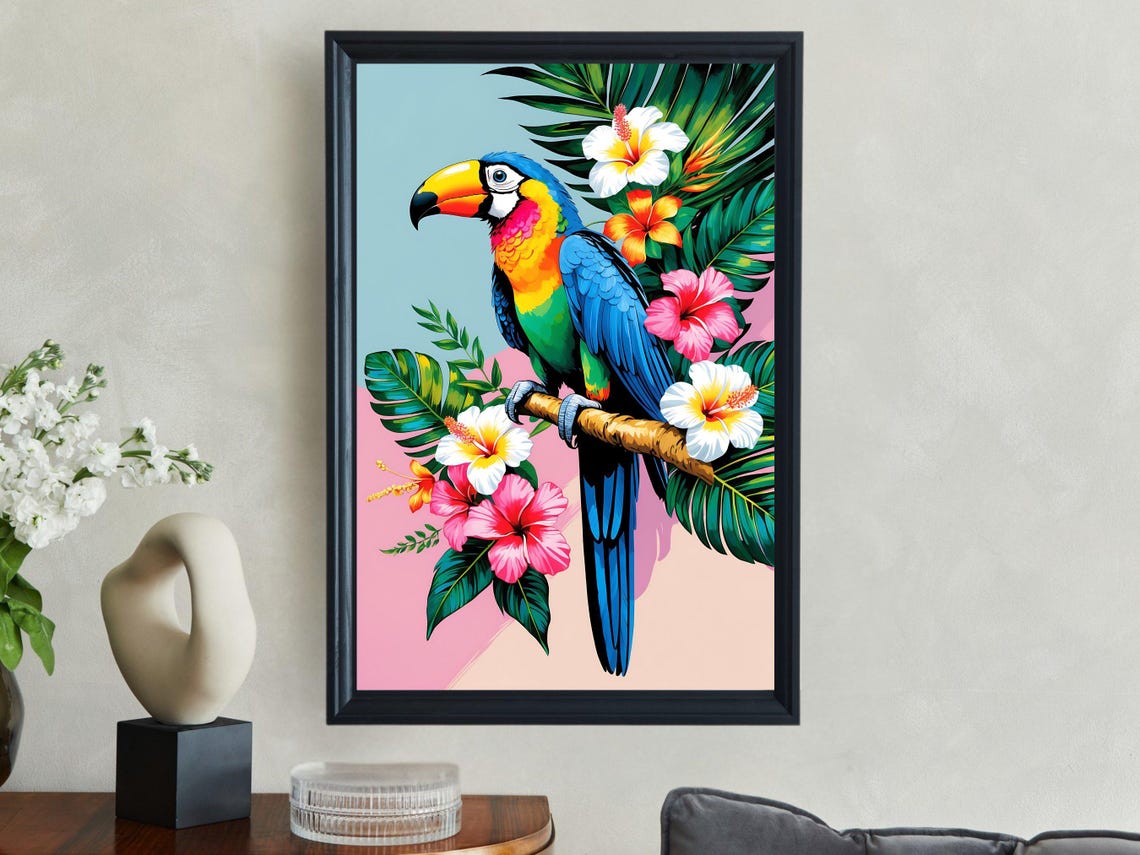 Colorful Toucan Perched Among Hibiscus Flowers And Palm Leaves Poster