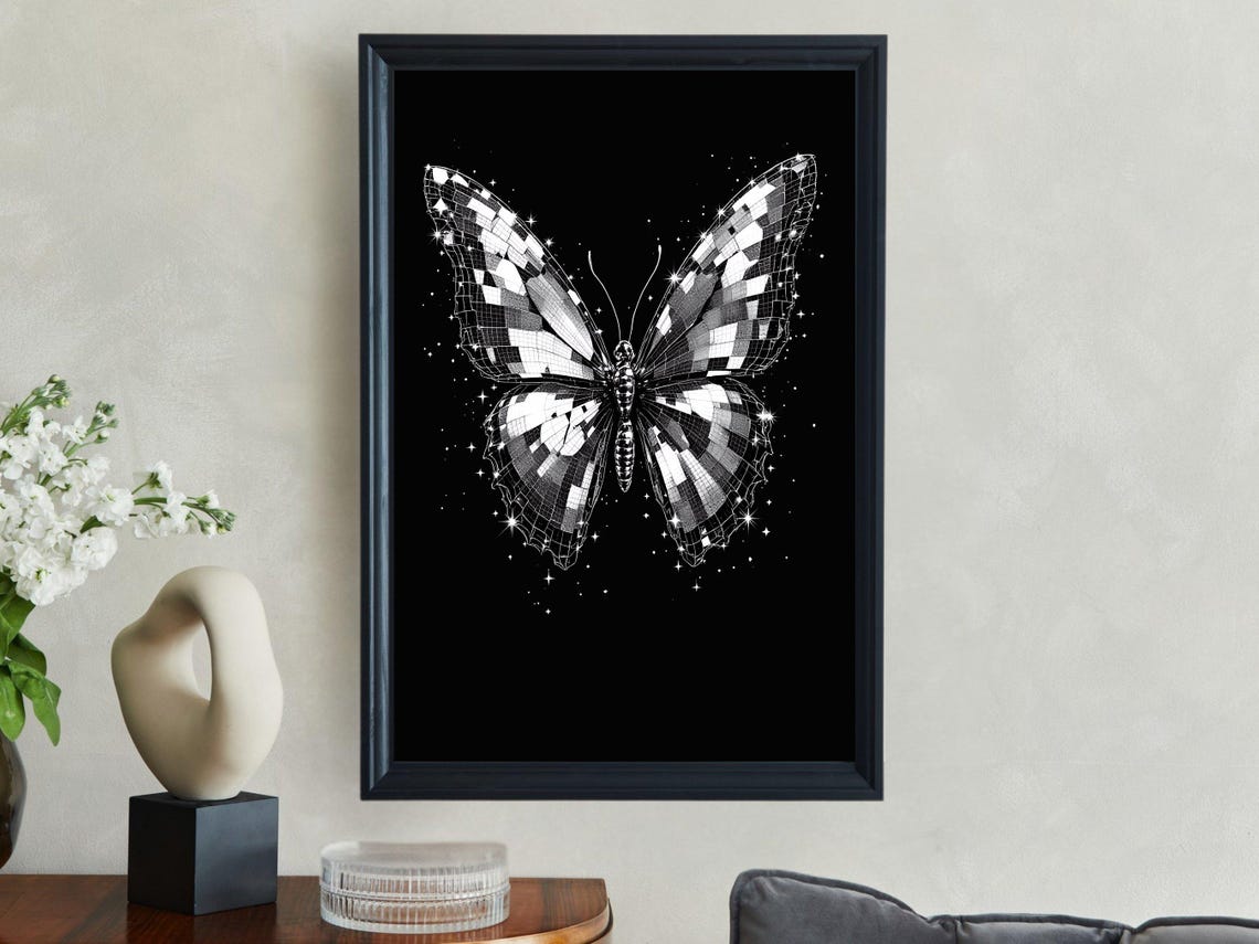 Butterfly Wall Art Monochrome Butterfly Art Black And White Butterfly Print Sparkling Butterfly Decor Nature Inspired Art