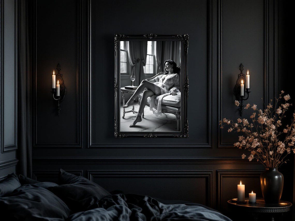 Romantic Black And White Boudoir Portrait Lace Robe Chaise Poster - Image 3