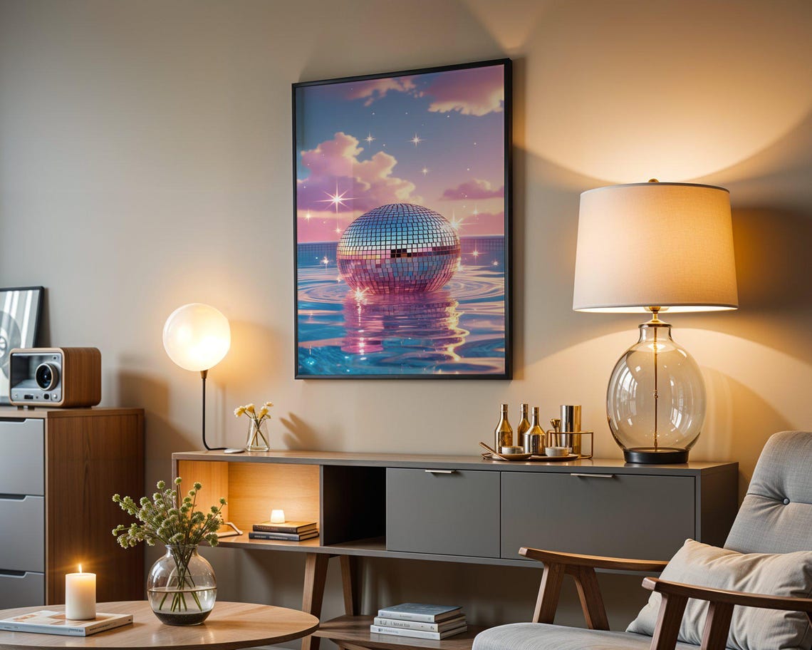 Retro Sunset Disco Ball Art Print Reflective Mirror Ball Wall Decor Colorful Sunset Sky Print Sparkling Poolside Poster - Image 4
