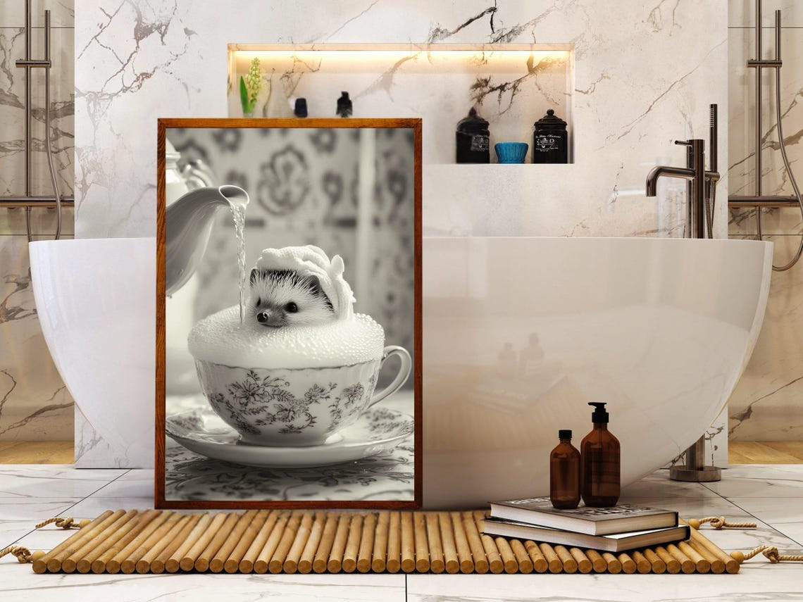Tiny Hedgehog Bathing in a Teacup Black and White Photo Print - Image 5