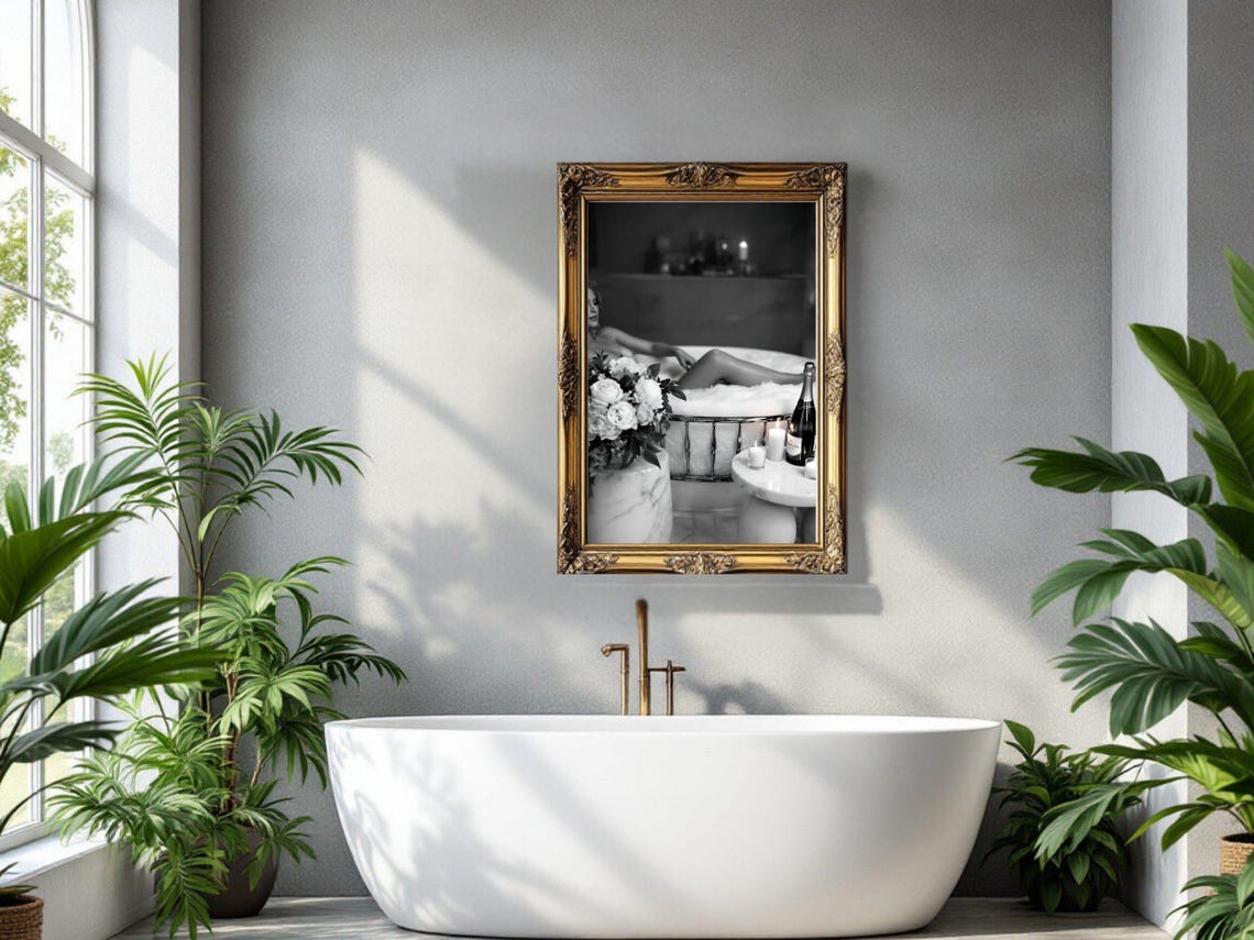 Woman Relaxing in Bubble Bath with Flowers and Champagne Poster - Image 2