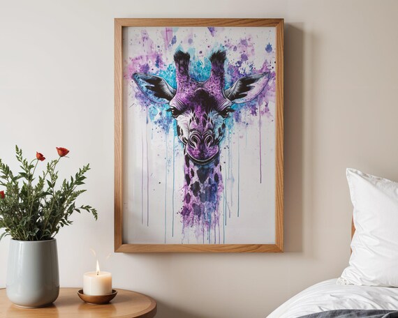 Purple Giraffe Watercolor Portrait in Splash Paint Art Poster