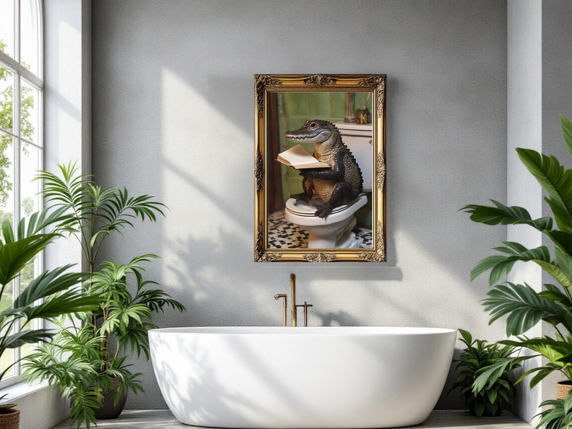 Alligator Reading Wall Art Quirky Bathroom Decor Funny Animal Print Unique Toilet Art Green And White Accent Humorous Poster - Image 3