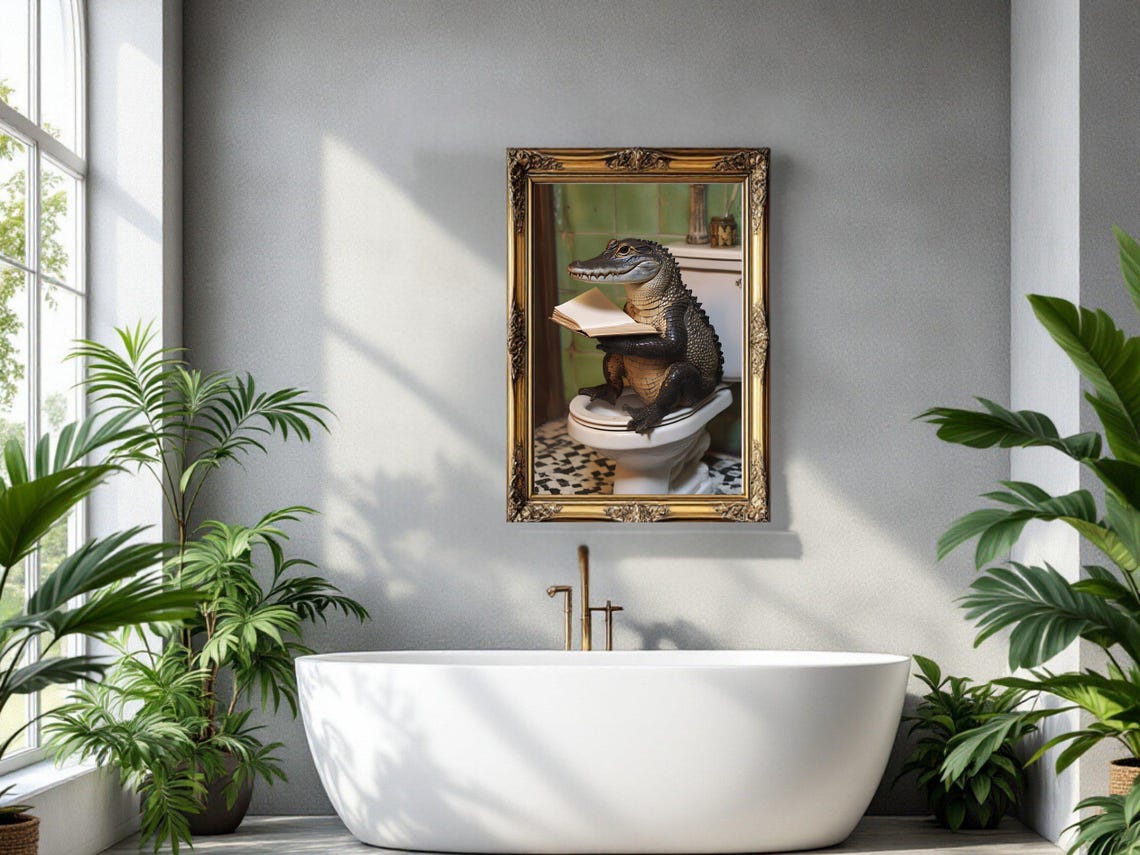 Charming Alligator Sitting on a Toilet Reading an Open Book Poster - Image 3