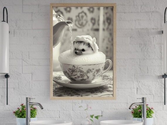 Tiny Hedgehog Bathing in a Teacup Black and White Photo Print