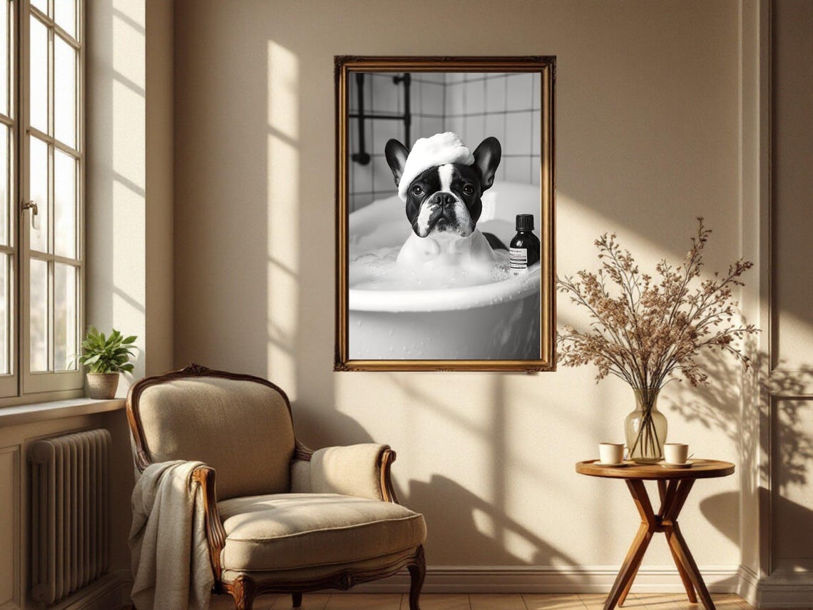 French Bulldog in a Bubble Bath With a Foam Cap on Its Head Poster - Image 4