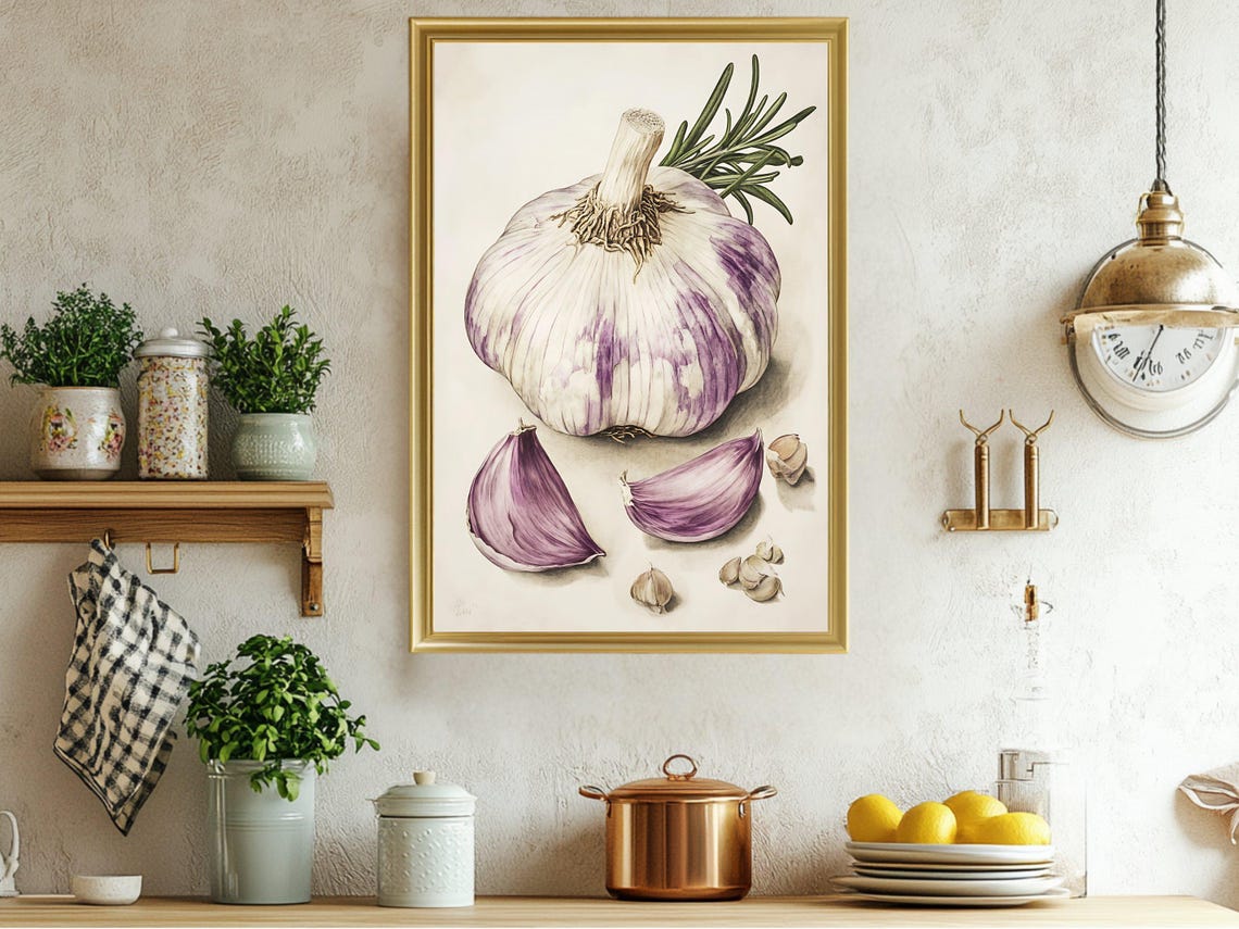 Purple Garlic Botanical Vintage Rustic Kitchen Decor Art Poster