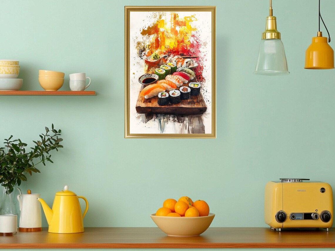 Colorful Sushi Platter Watercolor Japanese Food Kitchen Poster - Image 3