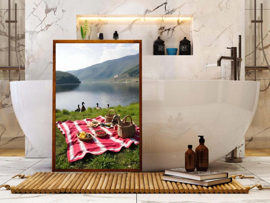 Lakeside Picnic Blanket With Baskets and Curious Ducks Poster - Image 4