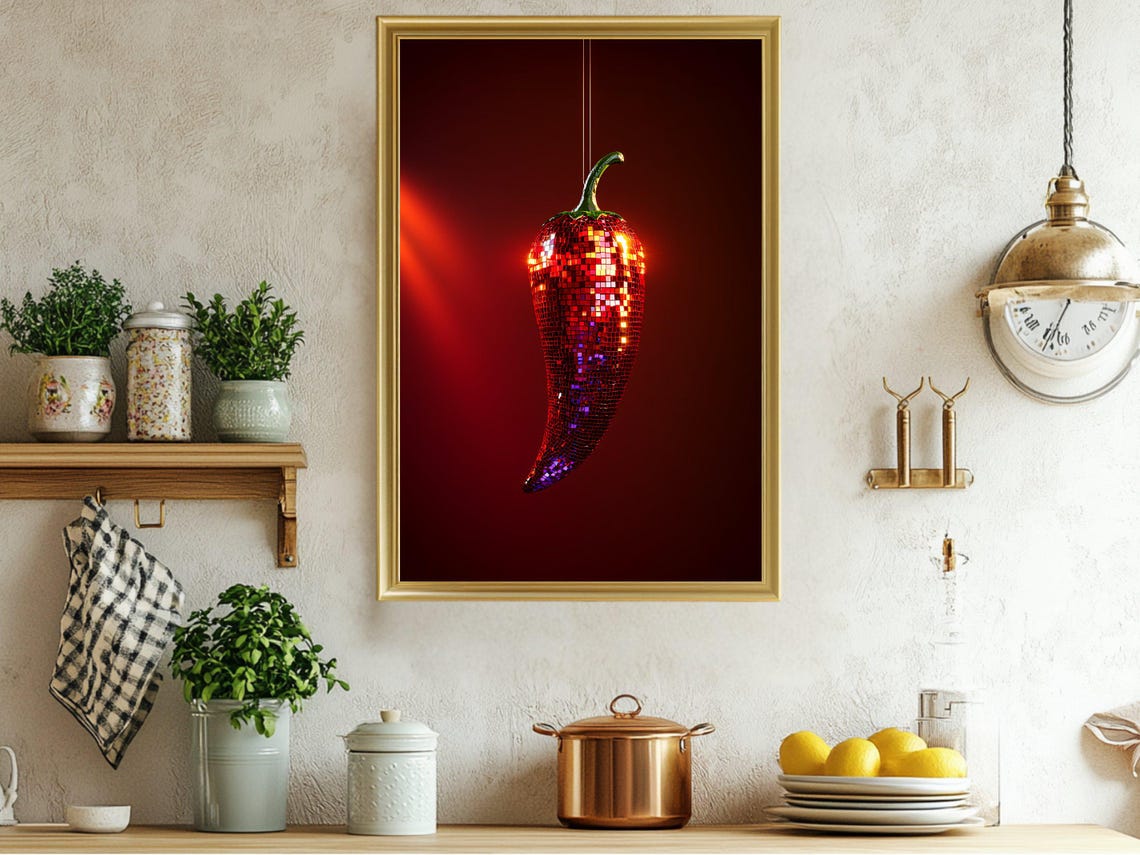 Disco Ball Red Chili Pepper Mirror Tile Modern Kitchen Wall Art