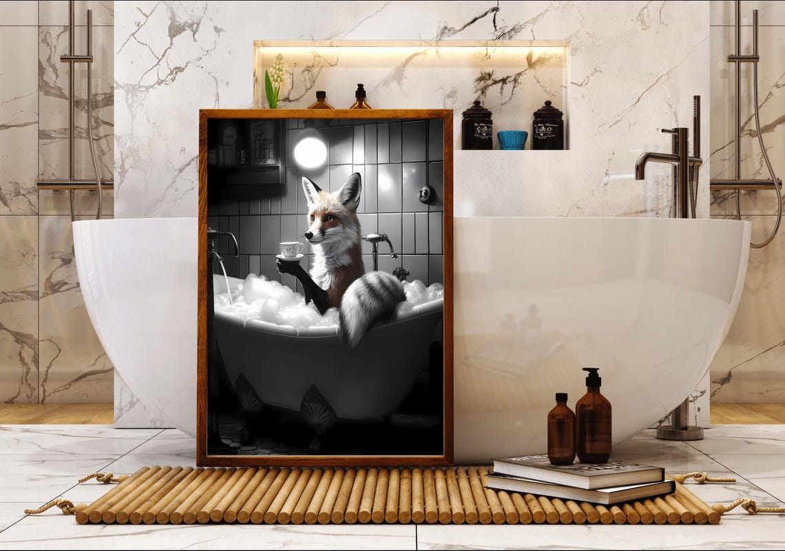 Fox Sipping Tea in a Bubble Bath Black and White Whimsical Poster - Image 5