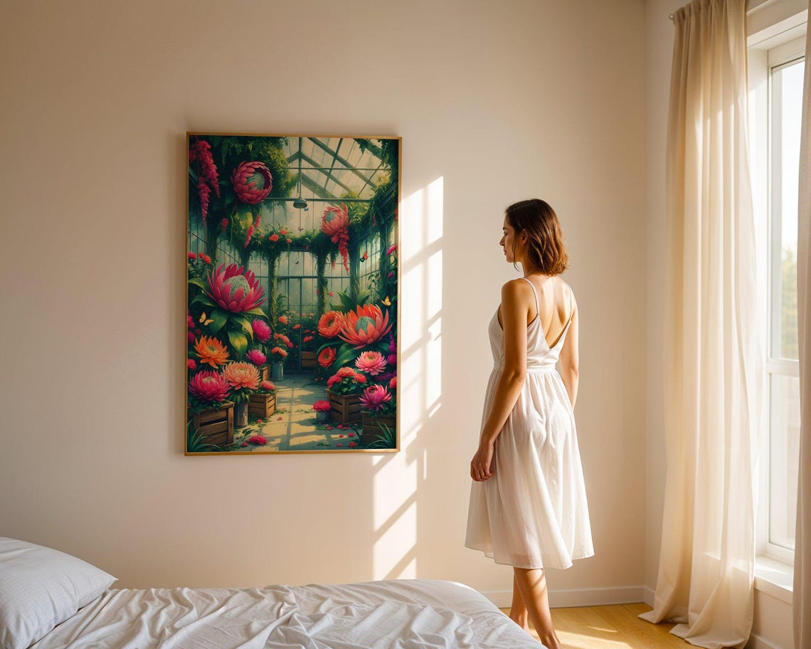 Lush Greenhouse Interior Filled With Giant Pink Protea Flowers Poster - Image 4