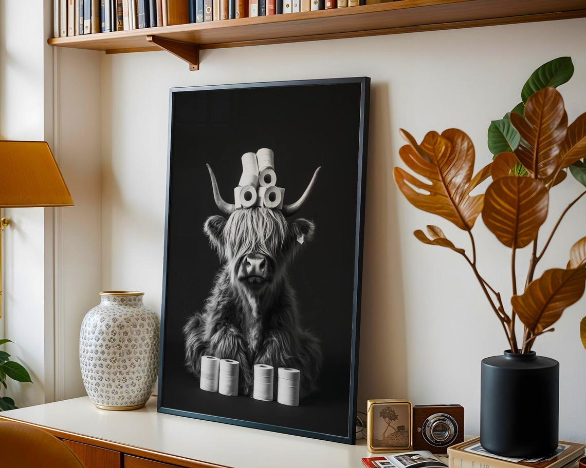 Highland Cow with Toilet Paper Rolls Balanced on Its Head Poster - Image 4