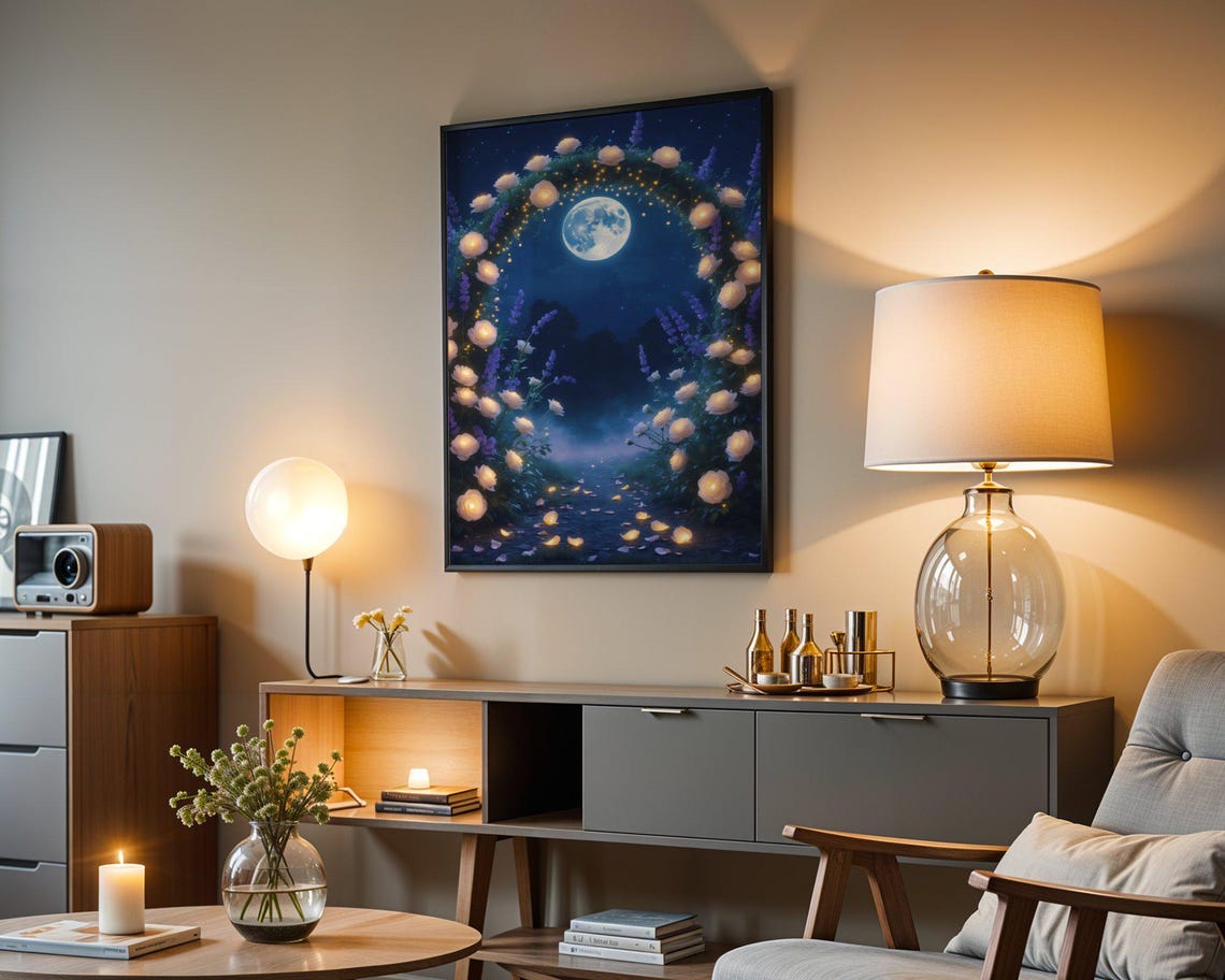 Glowing White Rose Arch Under A Full Moon In A Night Garden Poster - Image 3