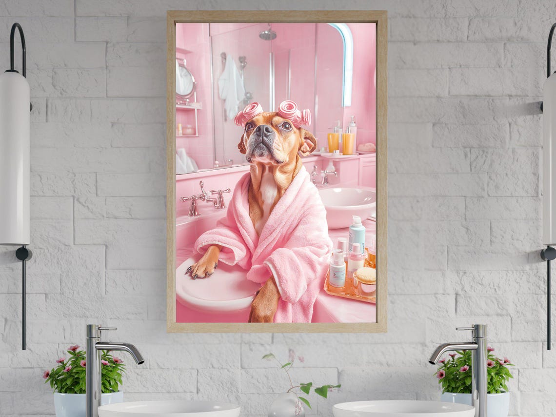 Pampered Dog Spa Day Pink Bathrobe Funny Bathroom Fun Poster