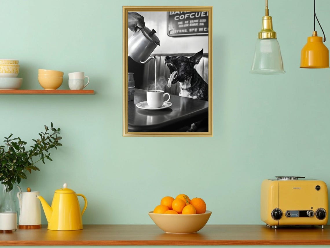 Funny Dog Yawning at the Coffee Shop Humorous Black and White Poster - Image 3