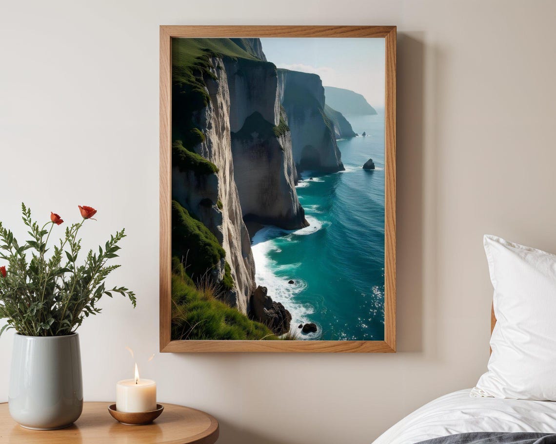 White Chalk Cliffs Coastline Above Turquoise Sea Water Poster