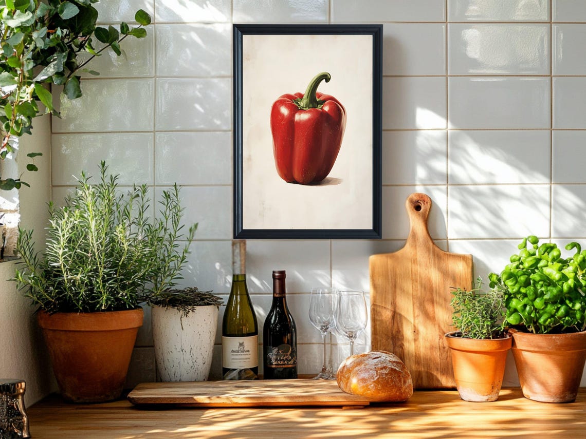 Single Red Bell Pepper Minimalist Still Life Kitchen Art Poster - Image 5
