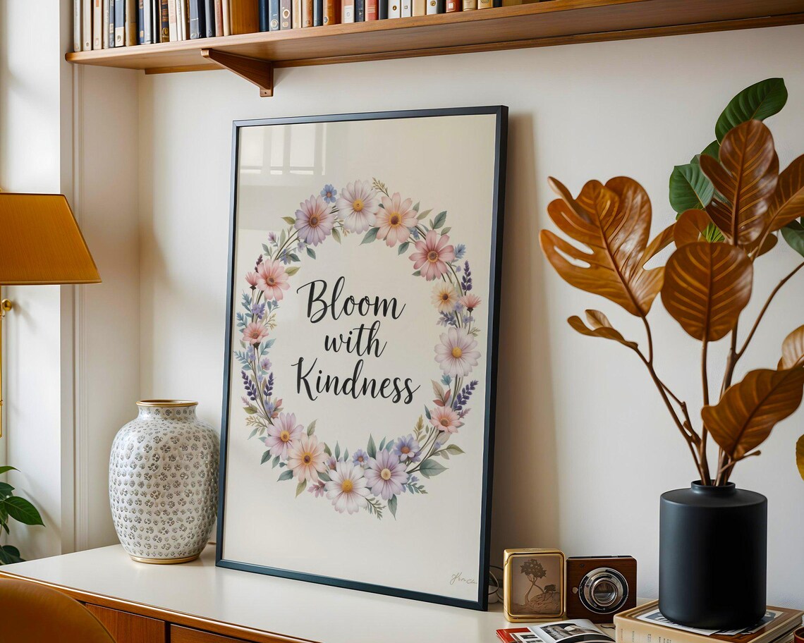 Bloom With Kindness Pastel Floral Wreath Inspirational Quote Poster - Image 3