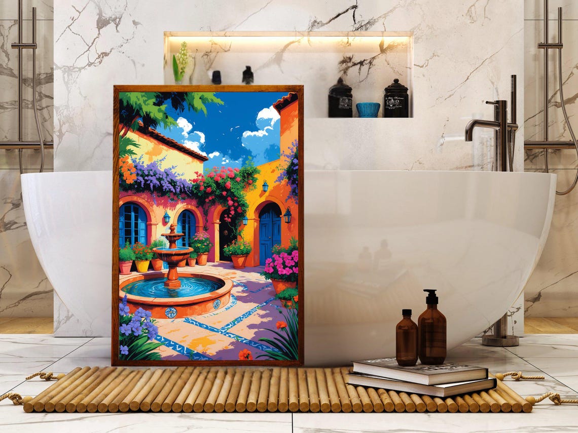 Mediterranean Courtyard Fountain Colorful Bougainvillea Art Print - Image 5