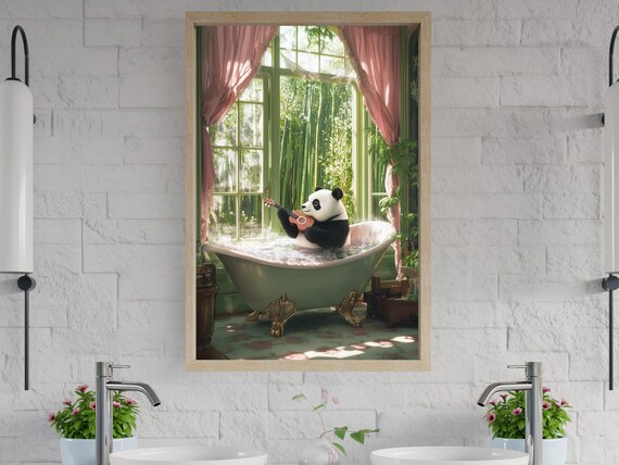 Panda Playing Ukulele in a Green Bathtub with Bamboo View Poster