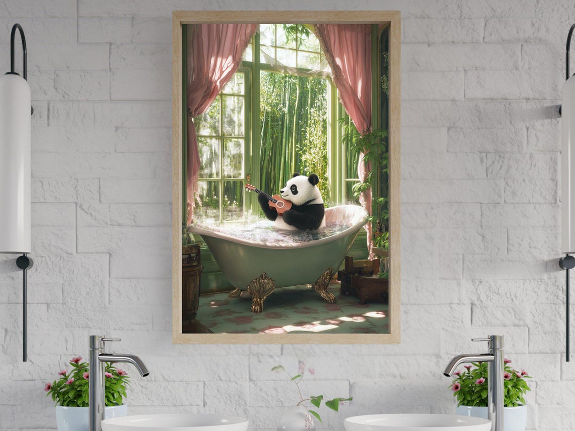 Panda Playing Ukulele in a Green Bathtub with Bamboo View Poster