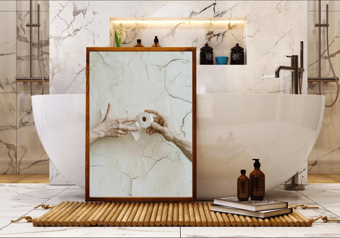Creation of Adam Parody with Toilet Paper Funny Bathroom Art Poster - Image 5