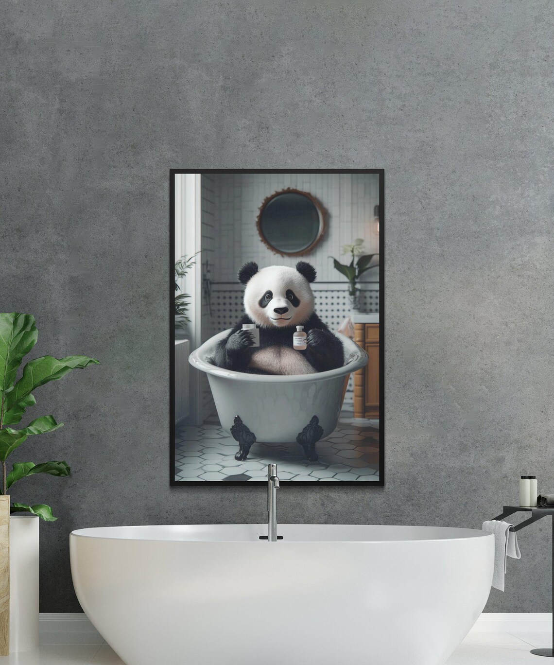 Content Panda Holding Two Bath Bottles in a Vintage Clawfoot Tub Poster - Image 2