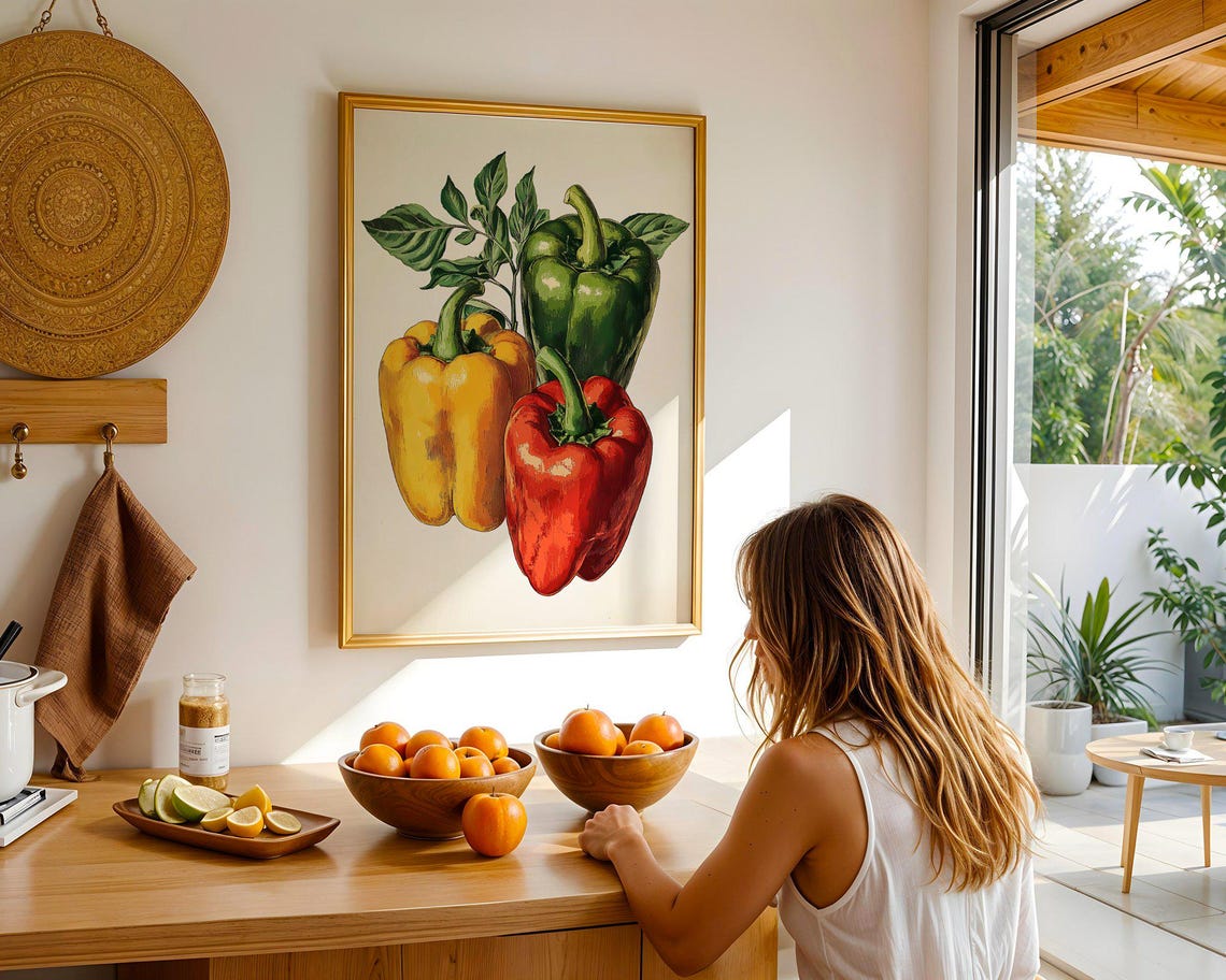 Colorful Bell Peppers Trio Botanical Vegetable Kitchen Poster - Image 5