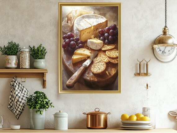 Rustic Cheese Board Grapes Brie Gourmet Kitchen Decor Art Print