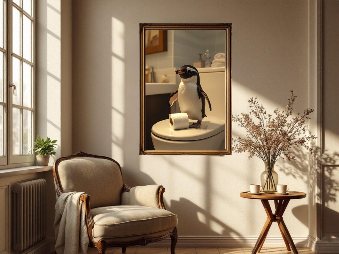 Cute Penguin Standing On Toilet With Toilet Paper Funny Poster - Image 4