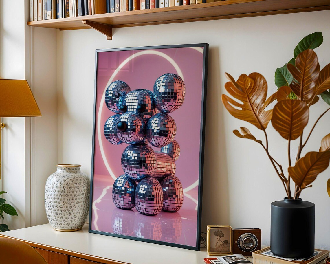 Teddy Bear Built From Mirror Balls in a Pink Neon Glow Party Scene Poster - Image 5