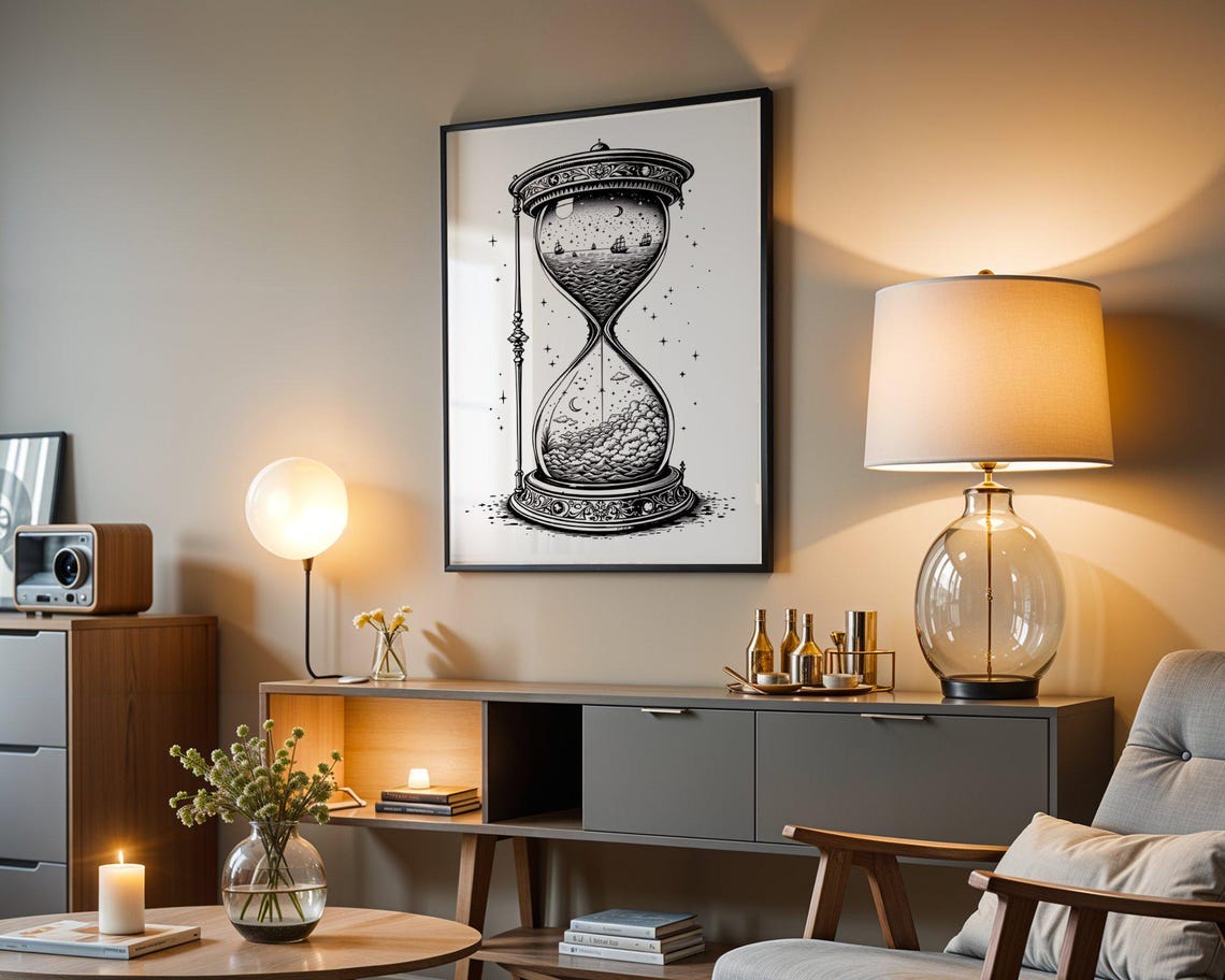 Hourglass Ocean Night Sky Vintage Nautical Engraved Line Art Poster - Image 3