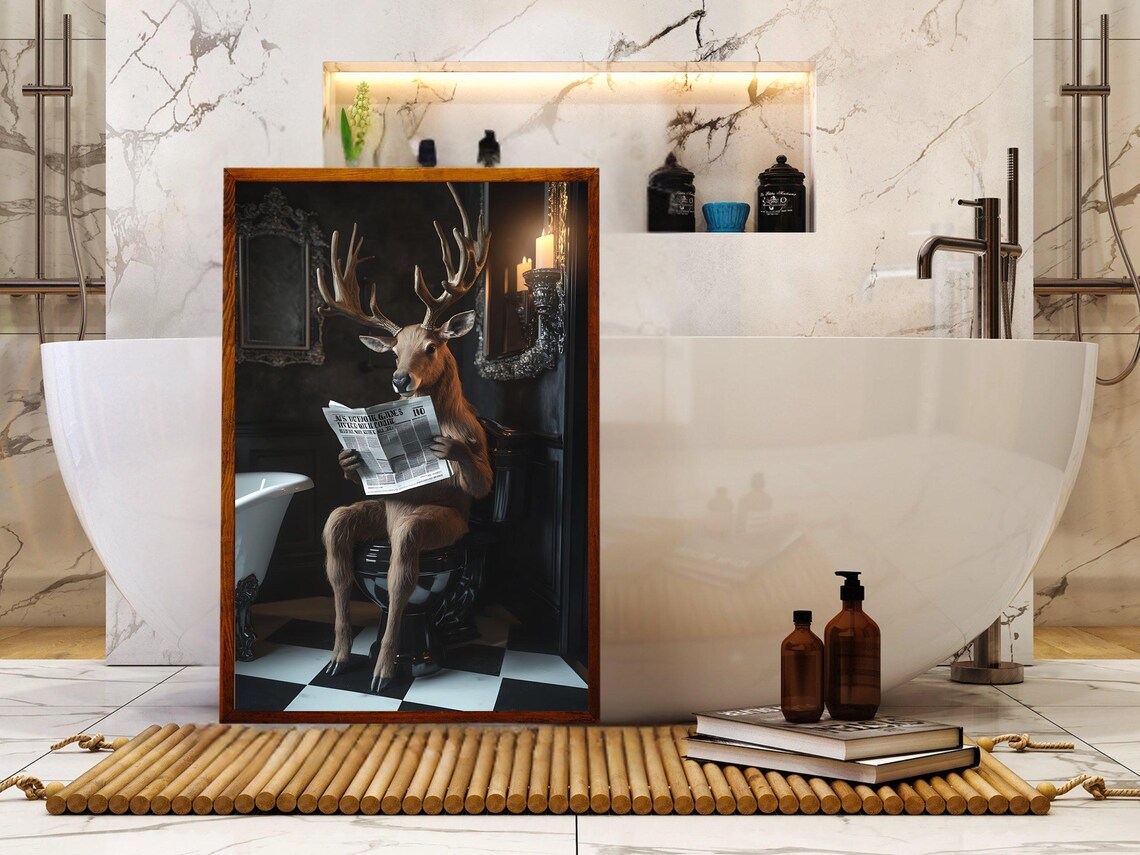 Majestic Stag Reading the Newspaper Sitting on the Toilet Poster - Image 5