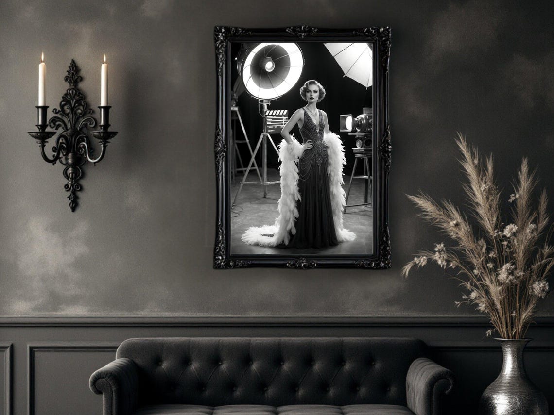 1920s Flapper Actress on Film Set with Lights, Art Deco Poster - Image 4