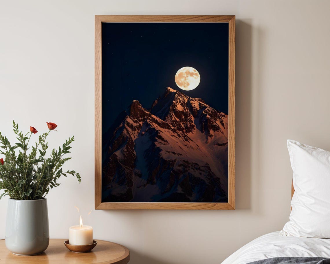 Full Moon Rising Over a Snow-Capped Mountain Peak at Night Poster
