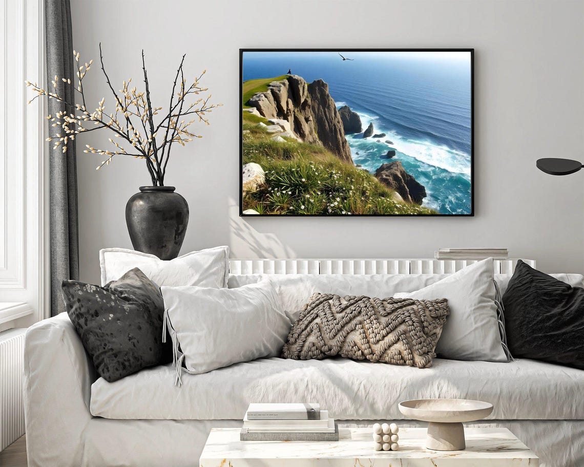 Rocky Coastal Cliffs Above Bright Blue Ocean Waves Nature Poster - Image 4