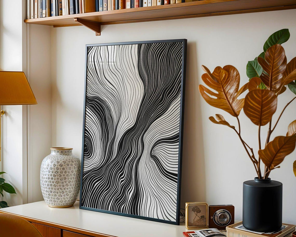 Black And White Flowing Wave Line Art Abstract Minimalist Poster - Image 3