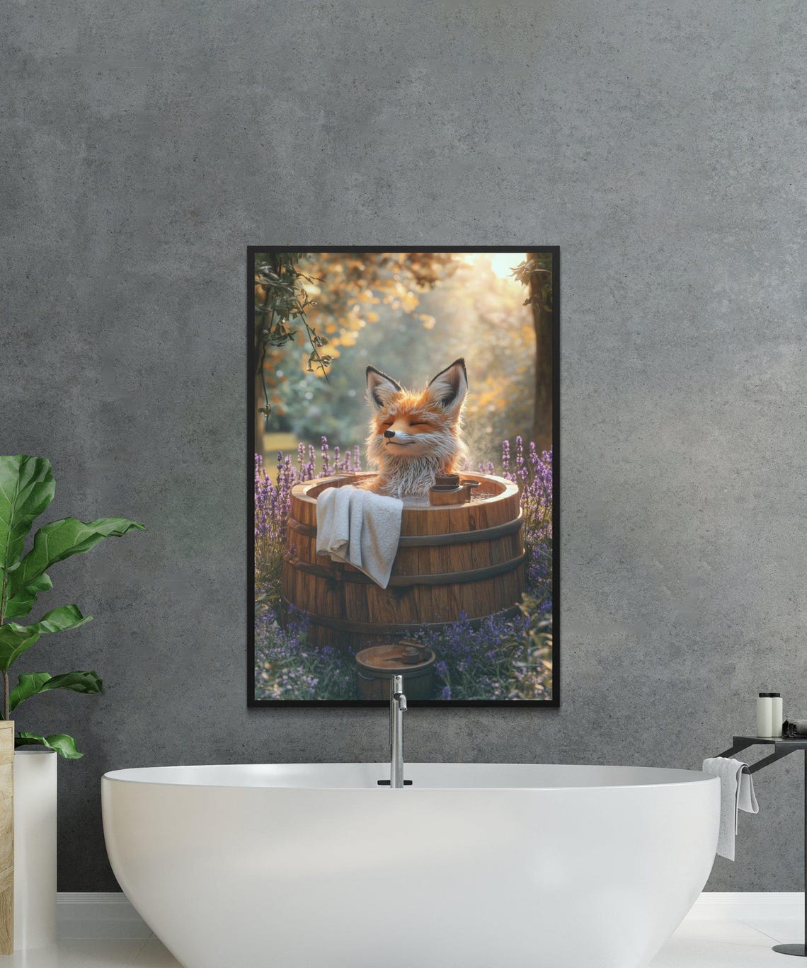 Fox Relaxing in a Wooden Barrel Tub Among Lavender Fields Poster - Image 2