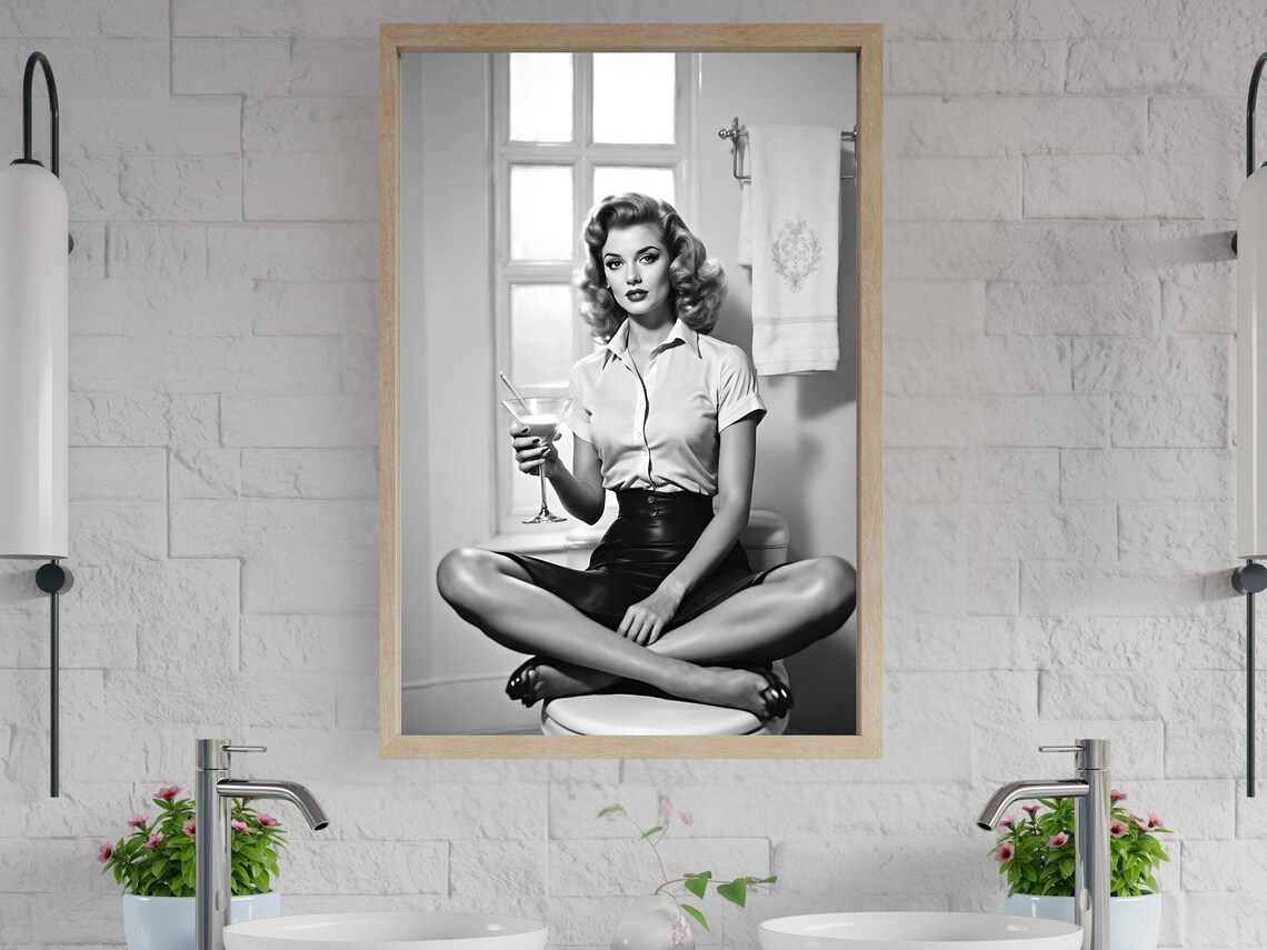 Retro Pin Up Woman With Martini Glass In Vintage Bathroom Poster