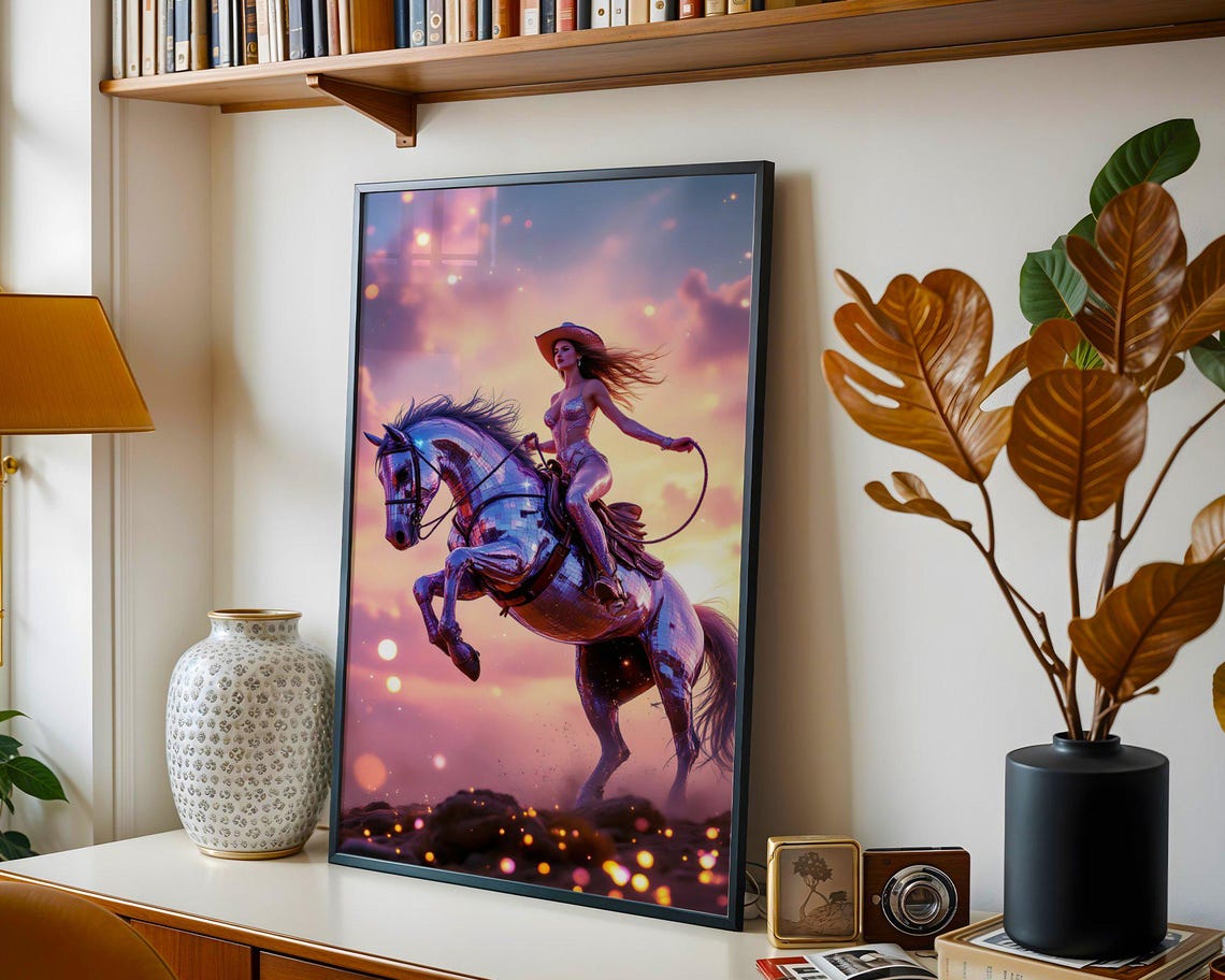 Cowgirl Riding Metallic Disco Horse Leaping At Sunset Poster - Image 5